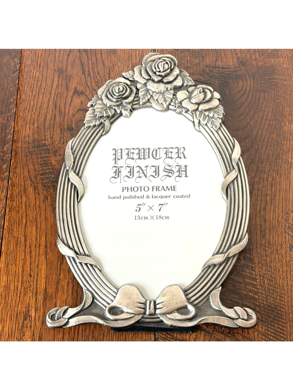 Vintage Pewter 5x7 Picture Frame with Bow & Rose Detail –Ornate Floral Frame